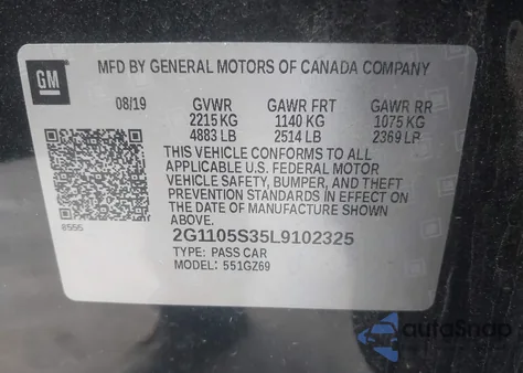 2020 Chevrolet Impala Fwd Premier from USA, damaged, VIN 2G1105S35L9102325